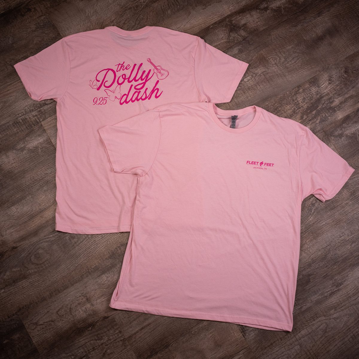 Pink Dolly Dash T-shirts printed for Fleet Feet Jackson, TN, shown front and back