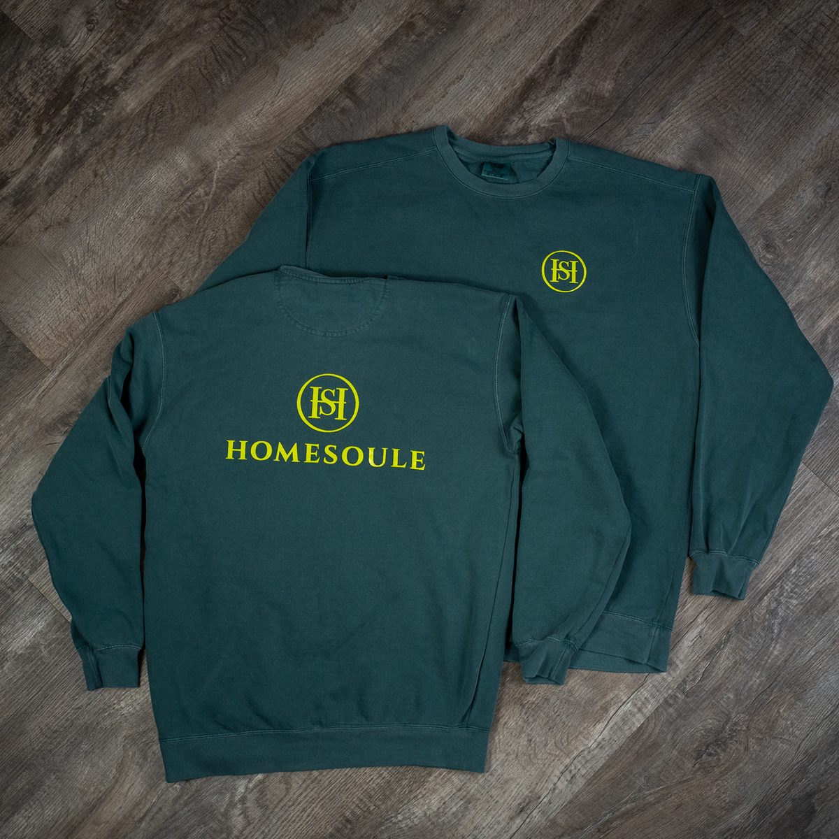 Green Homesoule Comfort Colors crewneck sweatshirts with a yellow-green back logo and chest logo