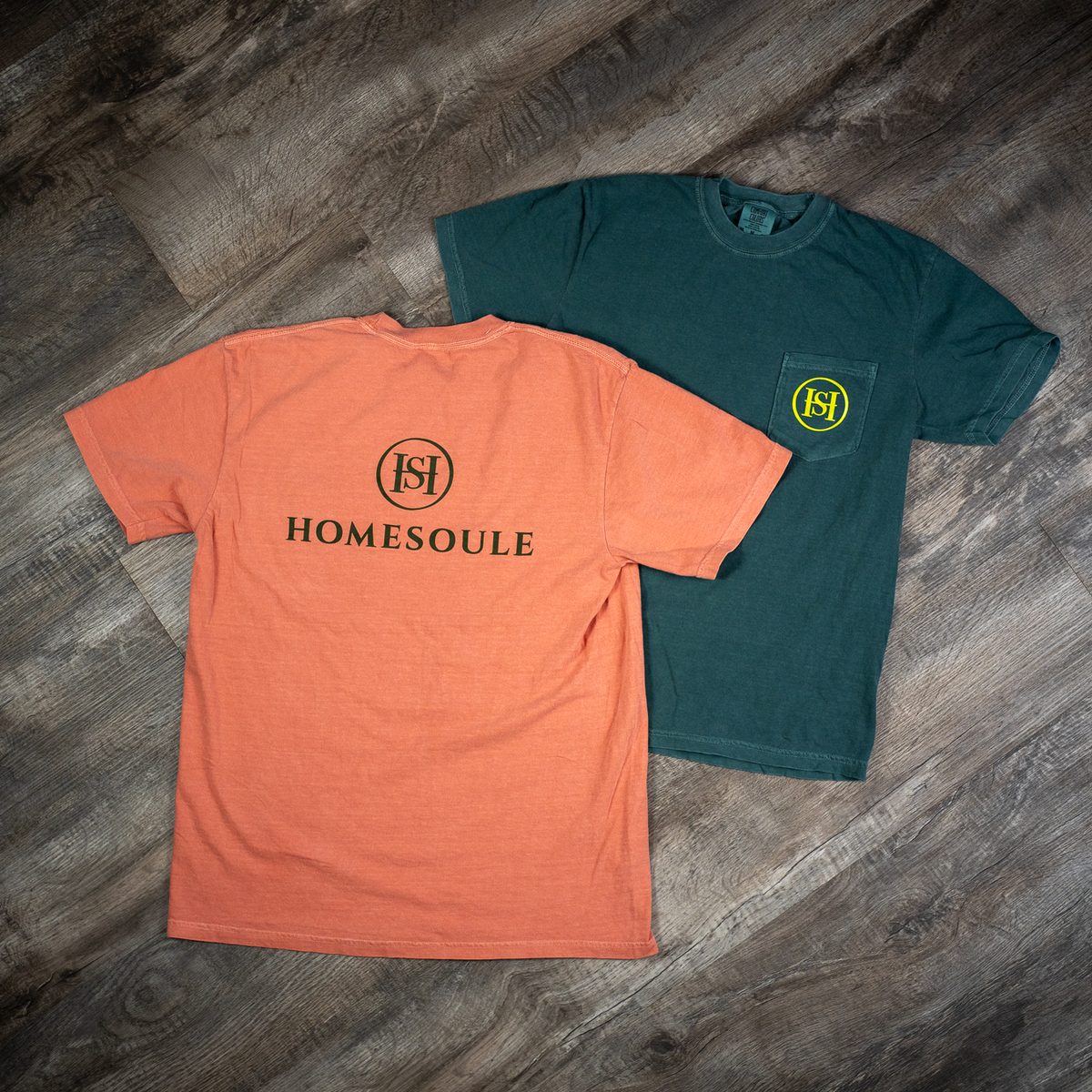 Homesoule T-shirts showing a back print and a pocket print